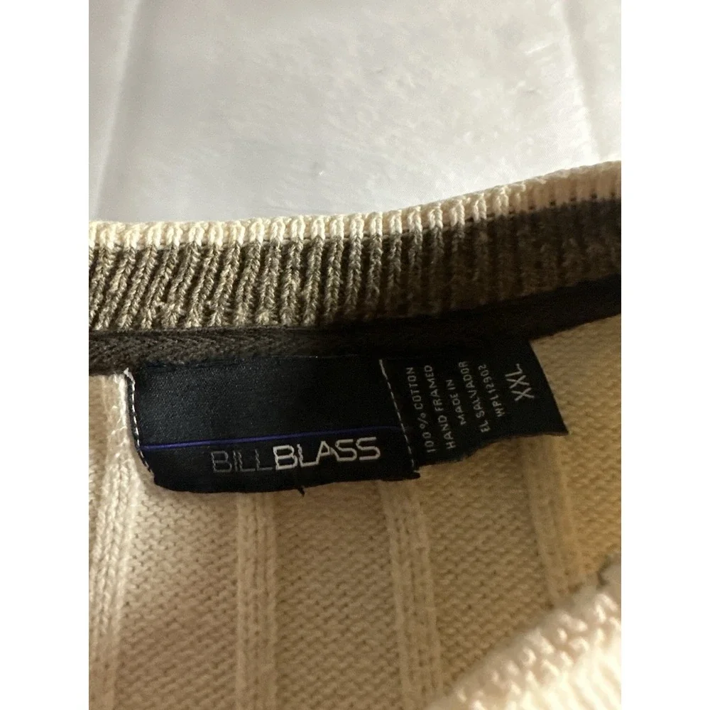 Bill Blass long sleeve cream gray black striped crewneck knit‎ sweater men's XXL